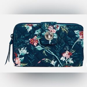 Vera Bradley RFID Turnlock Wallet Dark Blue Floral Rose Toile Cotton